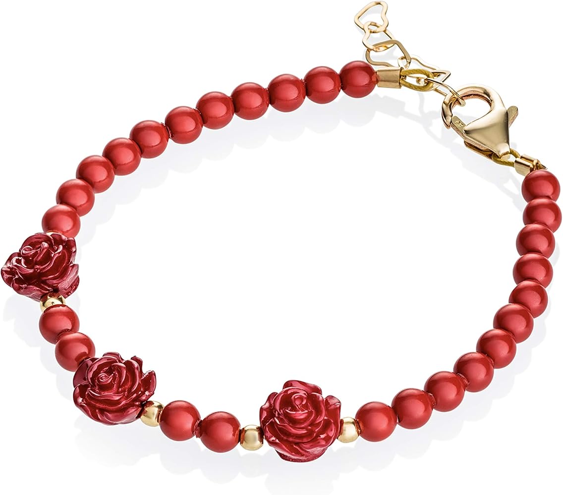 14K Gold-Filled Beaded Bracelet for Girls - With Gold-Filled Beads, Red Swarovski Simulated Pearls and Red Rose Flowers - Perfect for Birthday Gifts, Flower Girl Gifts (B135-RR)