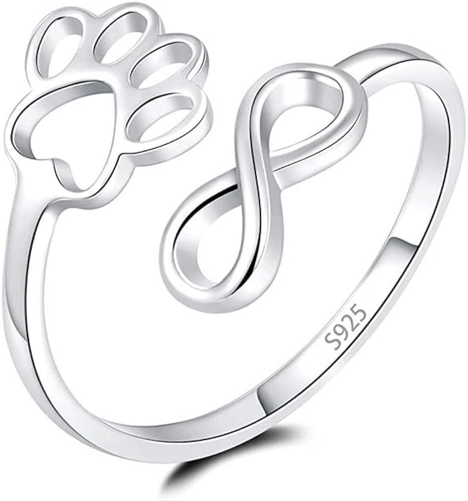 Cat Paw Print Ring 925 Sterling Silver Open Adjustable Pet Footprint Wrap Finger knuckle Ring for Girls Daughter Girlfriend Infinity Endless Love Promise Engagement Fashion Dainty Cute Animal Jewelry