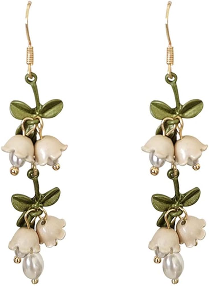 Chic White Bell Orchids Dangle Hook Earrings for Women Girls 14K Gold Plated CZ Pearl Green Leaf Drop Wedding Earrings Hoops Studs Fashion Jewelry Gifts BFF