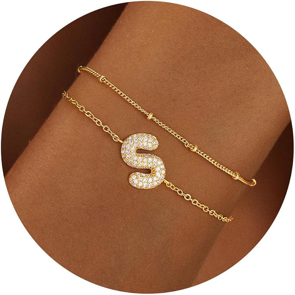 Turandoss Bubble Initial Bracelet for Women - 18K Gold Plated Layered Initial Bracelet for Women Gifts Personalized Bubble Letter Pendant with Cubic Zirconia Gold Bracelets for Back to School Gifts