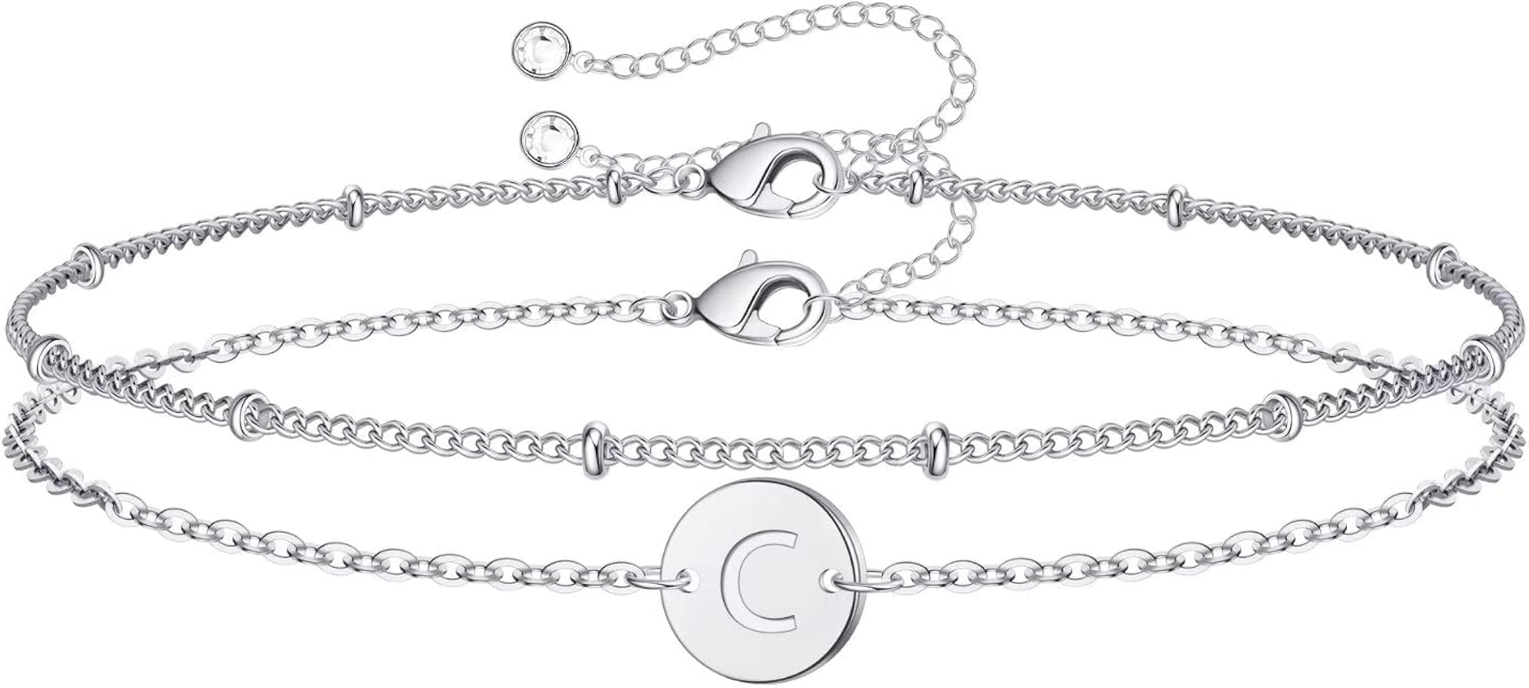 MONOZO Silver Initial Bracelets for Women Girls - 14K White Gold Filled Layered Disc Initial Bracelet Dainty Silver Charm Bracelet Silver Bracelets for Women Teen Girls Gifts