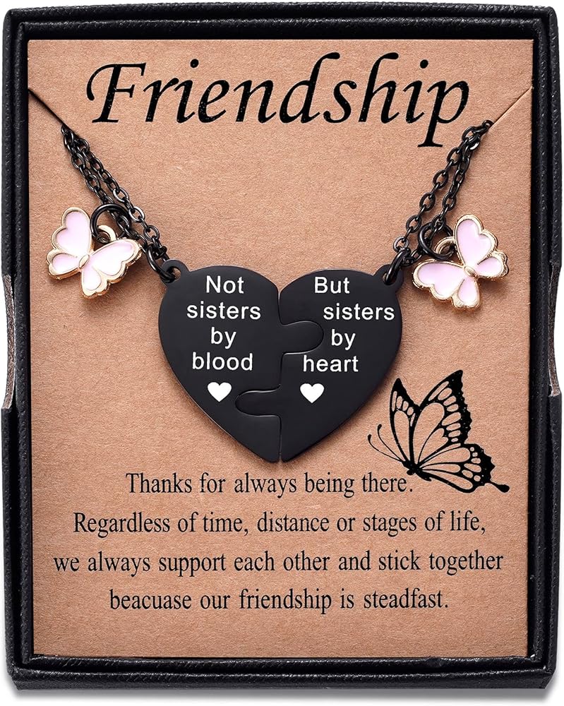 BFF Matching Heart Necklace Set for 2, Birthday Long Distance Friendship Jewelry Gifts for Best Friends Women Teen Girls