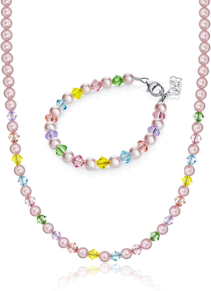 Stylish Sterling Silver Baby Girl Bracelet and Necklace with Pink Austrian Simulated Pearls and Multicolor Crystals Gift Set (GSNBMCB)