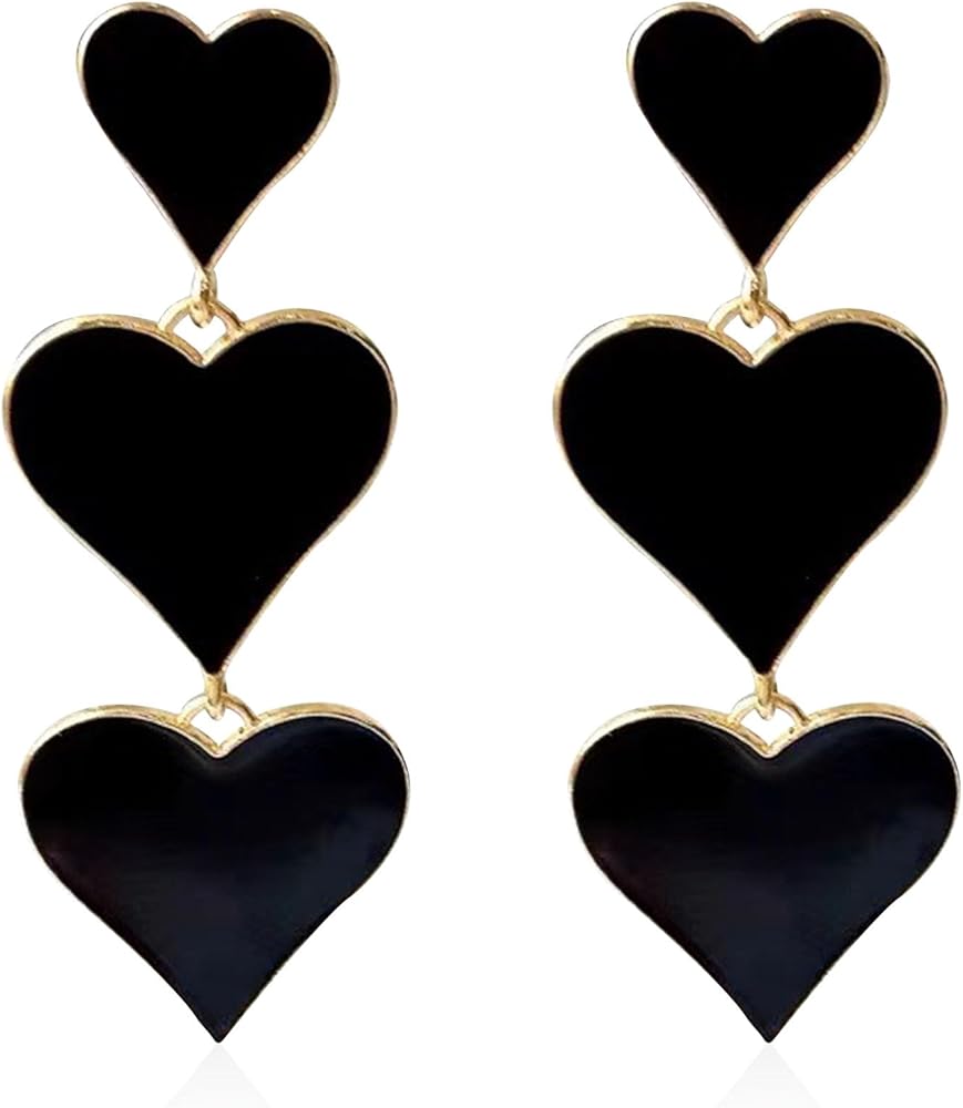 GUOXIAOMEI Red Three Layer Heart Earrings for Women Teen Girls Fashion Long Vintage Gold Plated Three Love Heart Dangling Drop Statement Earrings Birthday Prom Valentine's Day Jewelry Gifts