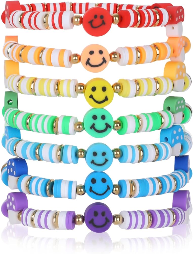 IDEAJOY Rainbow Beaded Bear Bracelets Set Colorful Clay Beaded Heishi Suffer Bracelets Smiley Face Preepy Bracelets for Teen Girls Trendy Stuff Y2k Jewelry Colorful Friendship Bracelets