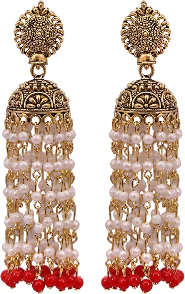 Crunchy Fashion Bollywood Jewellery Traditional Ethnic Bridal Bride Wedding Bridesmaid Punjabi Traditional Gold Finished Red & White Kundan Pearl Jhumki Style Earrings