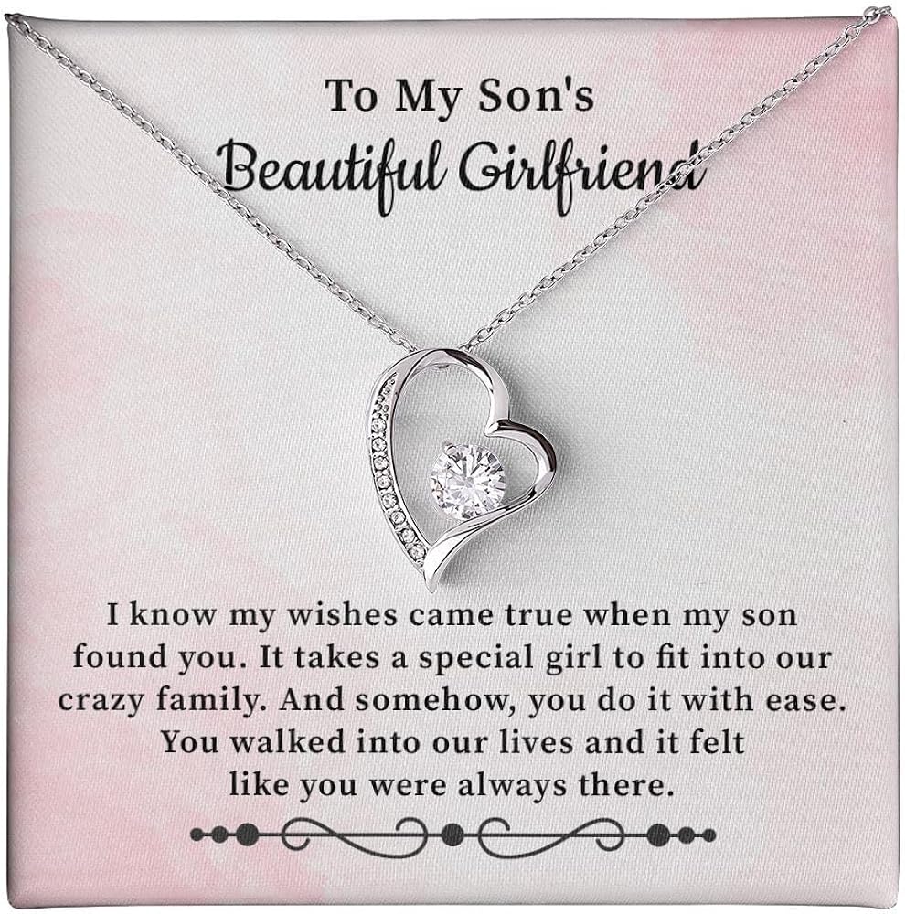 To My Son’s Girlfriend Gift Forever Heart Necklace For Her Birthday Gift, Valentine, Christmas, Thanksgiving Jewelry With Message Card Jewelry And Gift Box For Sons Girlfriend From Mom.