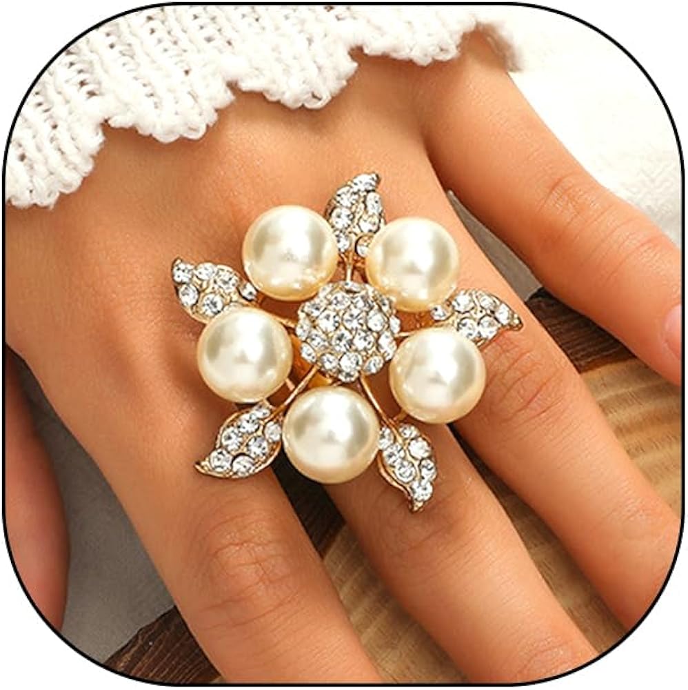 Crystal Pearls Flower Statement Rings for Women Teen Girls,Sparkly Cubic Zirconia Floral Pearl Cluster Finger Rings Trendy Jewelry Accessories Gift