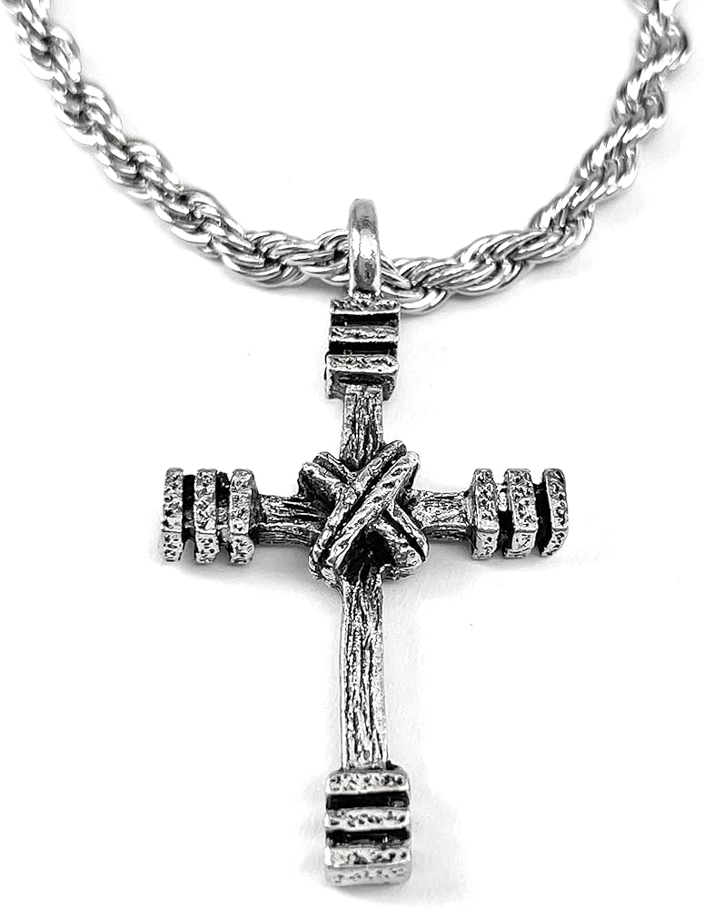 Rugged Cross Antique Silver Metal Finish Pendant Twisted Rope Chain Necklace