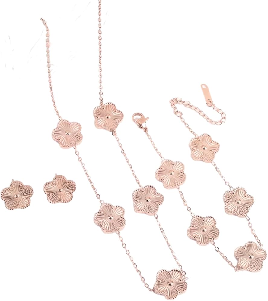 Elegant Lucky Clover Set Necklace, Bracelet, Earring with Multiclolor Five- Leaf Accents - A Timeless Piece for Prom and Elegant Occasions, Inspired by Classic four-leaf Designs