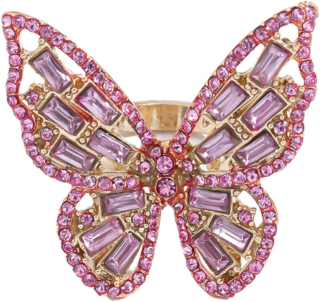 Pink CZ Butterfly Statement Ring for Women Gold Plated Boho Crystal Adjustable Open Band Wrap Finger Rings Comfort Fit Dainty Birthday Wedding Anniversary Mother's Day Christmas Jewelry