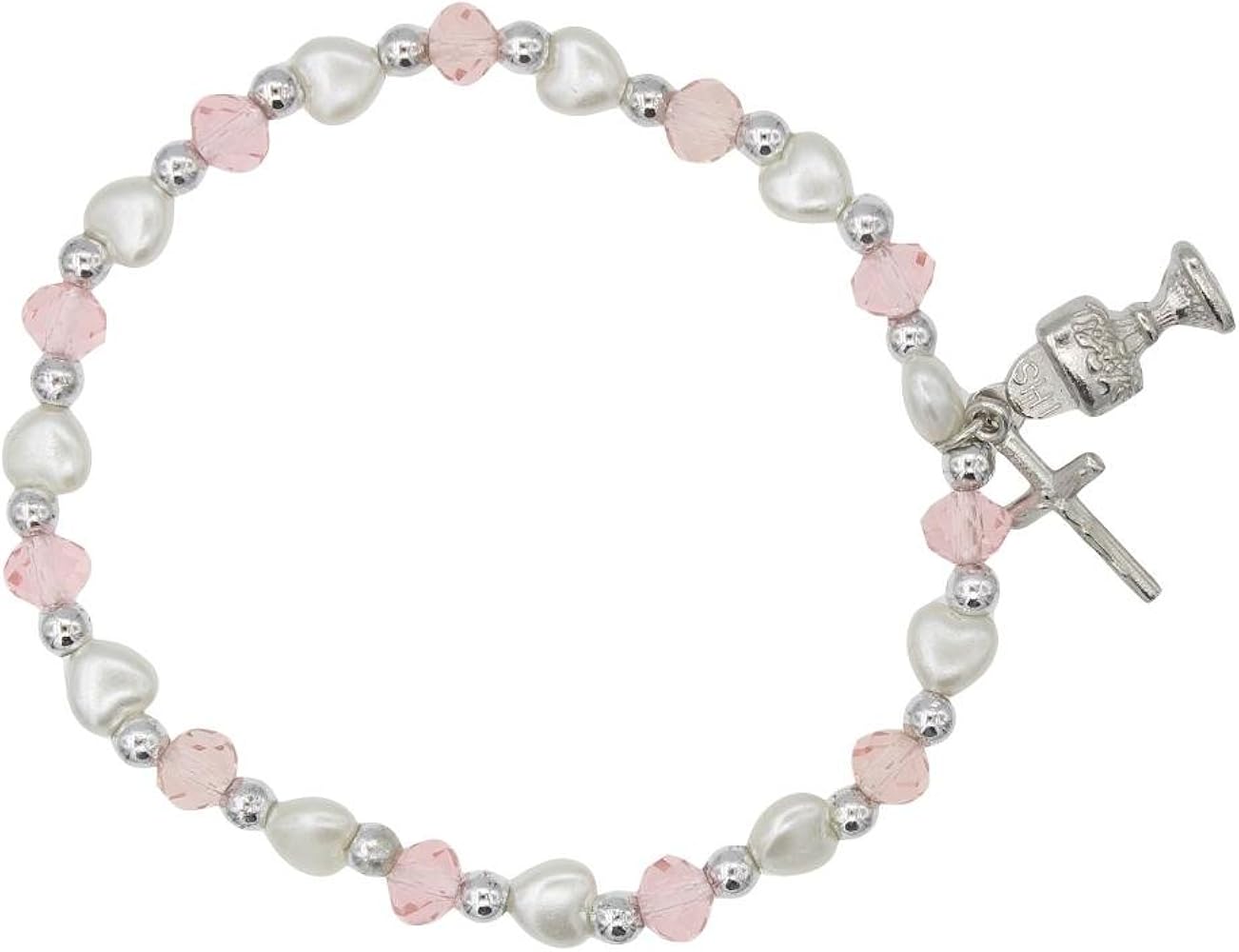 Girl's First Communion Pink and White Stretch Bracelet with Heart Shaped Beads