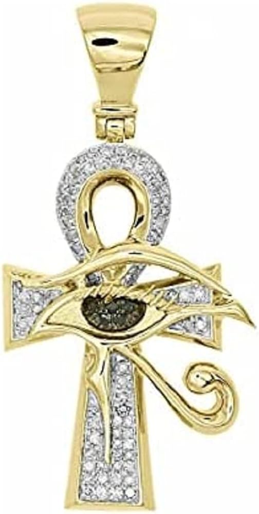 Round Cut Cubic Zirconia & Black Diamond Cubic Zirconia Eye of Horus Ankh Cross For Womens & Girls 14k Yellow Gold Plated 925 Sterling Silver.