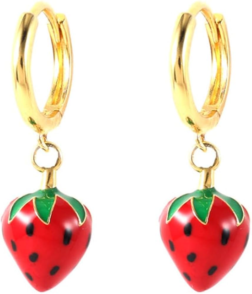 Cute Red Strawberry Charm Cartilage Small Huggie Hoop Earrings for Women Teen Girls Minimalist 925 Sterling Silver Post Gold Plated Enamel Fruit Sleeper Hoops Dainty Hypoallergenic Fashion Jewelry Gifts