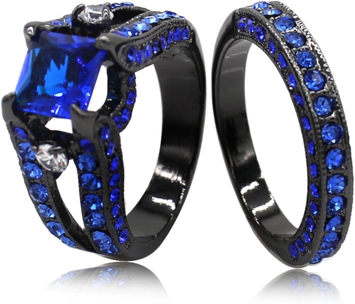 Black Blue Princess Cut Cubic Zirconia Wedding Ring Set