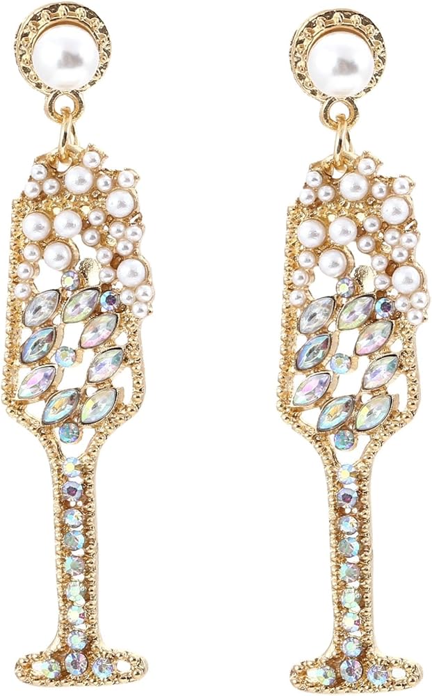 2024 New Pearl Champagne Wine Glass Enamel Dangle Earrings Shiny Rhinestones Crystal Beaded Drop Earrings Charming Vase Glass Cup Flash Earrings for Women Girls Exquisite Jewelry Gift