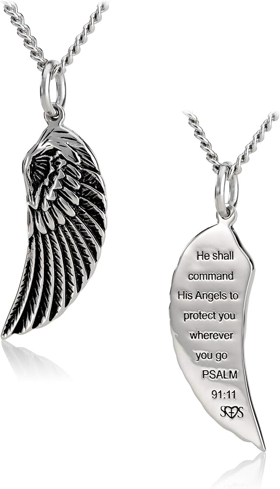 Shields of Strength Stainless Steel Mini Angel Wing Necklace Inscribed with Psalm 91:11 Bible Verse Pendant Chain Teen Girls Christian Jewelry Gifts