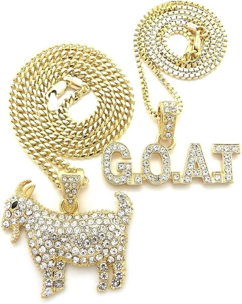 Iced Gold Plated Simulated Diamond Rapper's Greatest of All Time Goat & G.O.A.T Pendant & 20" Box 24" Cuban Chain Hip Hop Jewelry Necklace