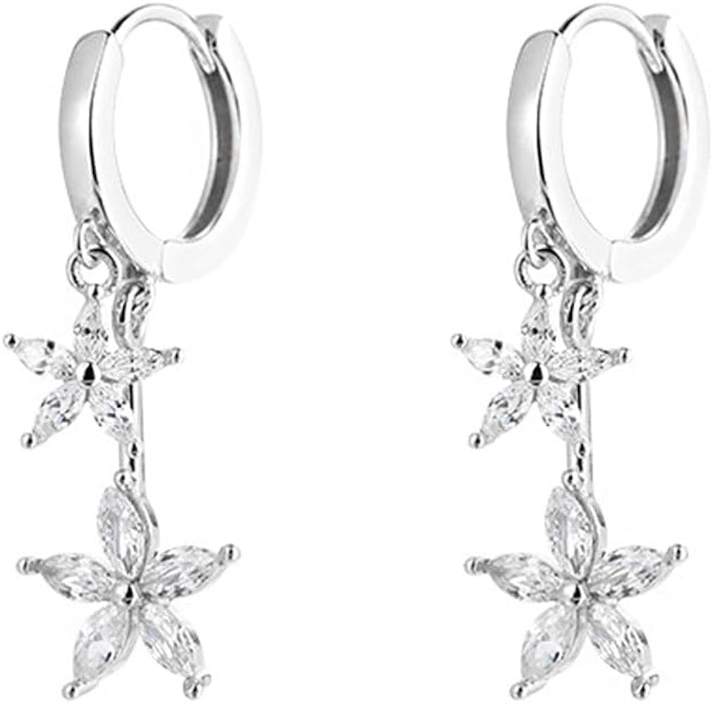 Double CZ Flower Dangle Hoop Earrings for Women Girls Sterling Silver Charms Tiny Rhinestone Daisy Flower Bar Drop Dangling Small Hoop Cartilage Stud Tragus Dainty Fashion Earrings (Silver)