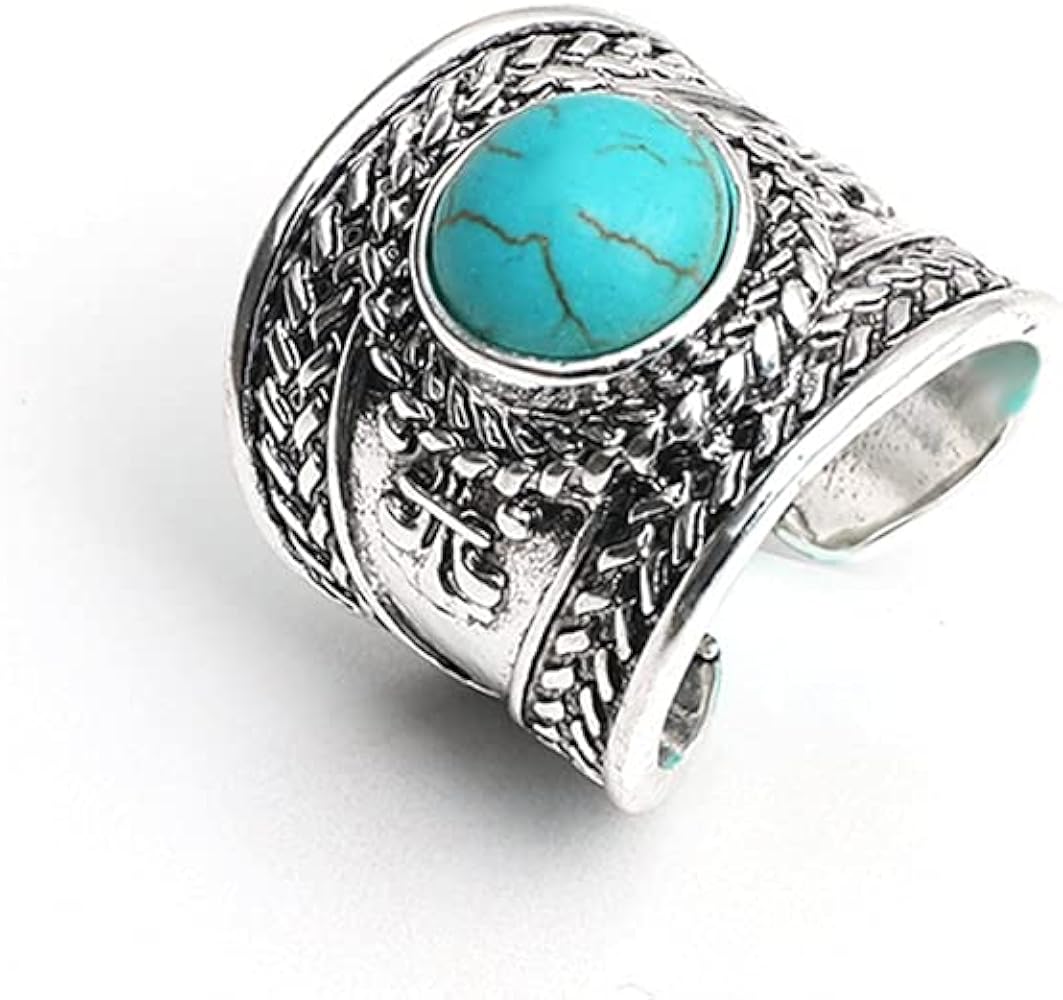 Dtja Vintage Boho Turquoise Wide Statement Ring for Women Girls Oxidized Silver Plated Big Open Band Wrap Adjustable Expandable Finger Rings Comfort Fit Fashion Bohemian Ethnic Exaggerated Jewelry