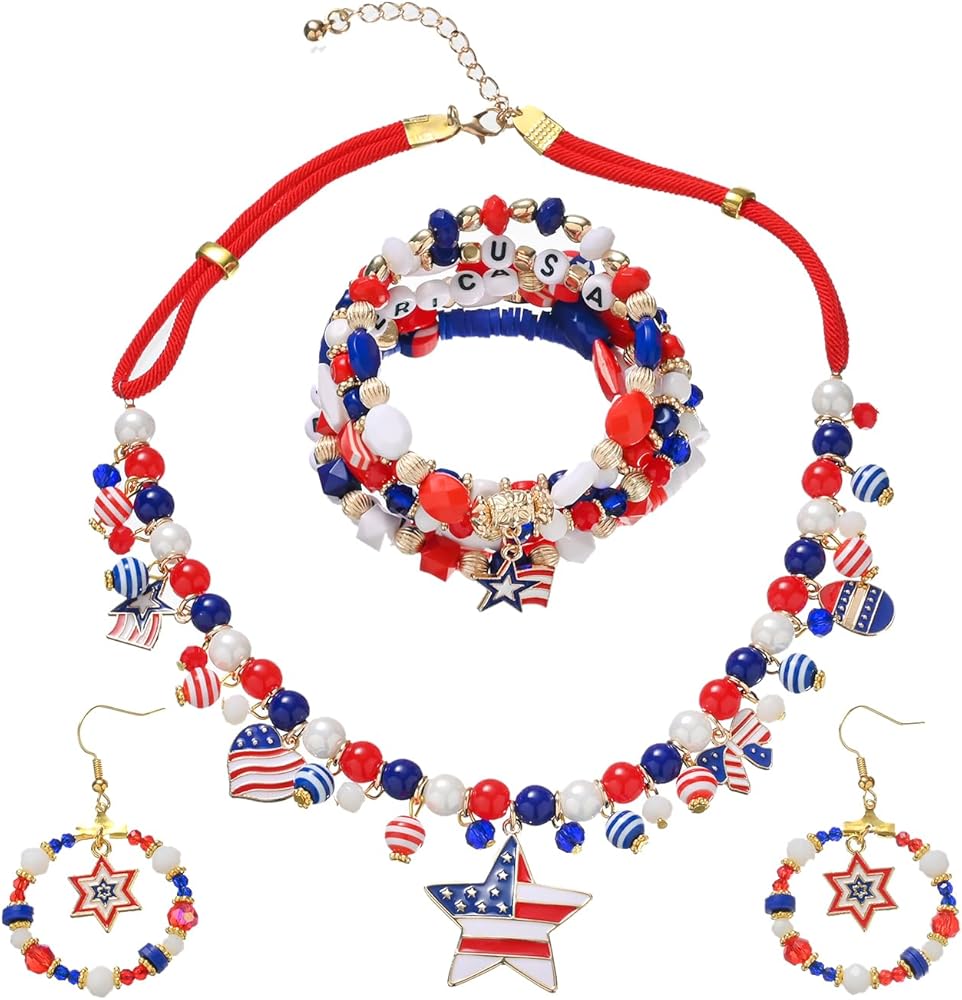 Shine on Independence Day! Embrace American pride with a Star-spangled Pendant Necklace, an Elegant Charmed Letter Bracelet, and Sparkling Star Earrings - A Trendy Patriotic Trio!