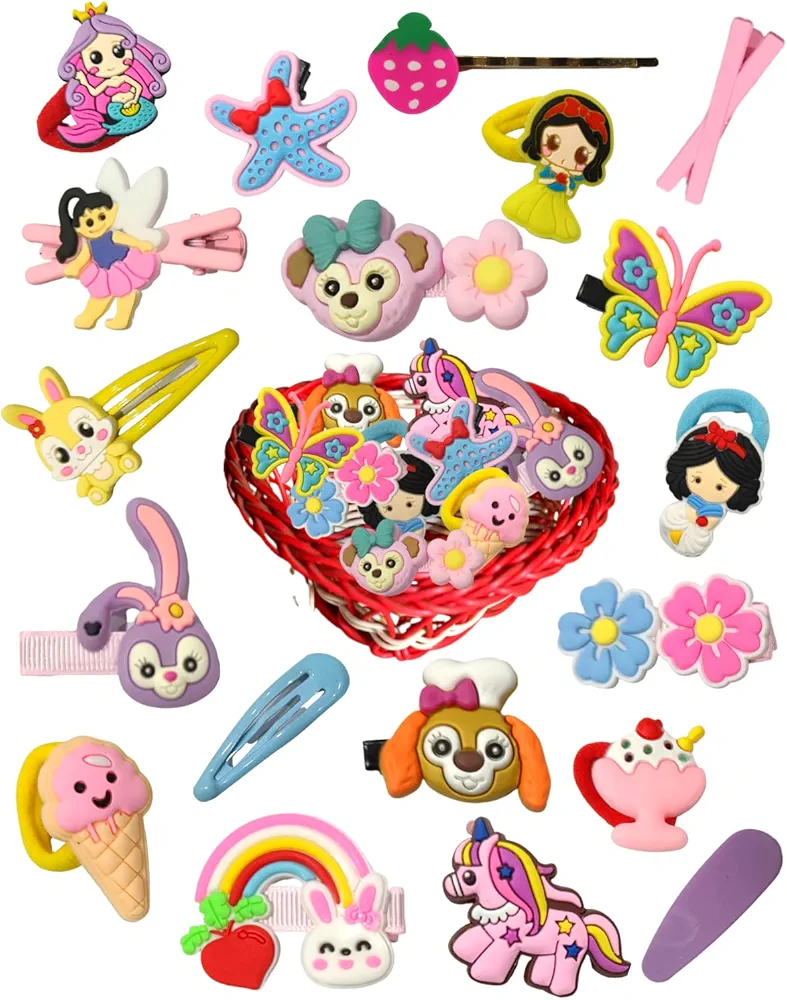 Hair Clips Hairbands Rubber band Tic Tac Hair Pins for Girls Babies Toddlers Cute Cartoon Characters for Kids Girls Hair Accessories (Combo of Mix 20 pcs in a Basket) Gift Pack