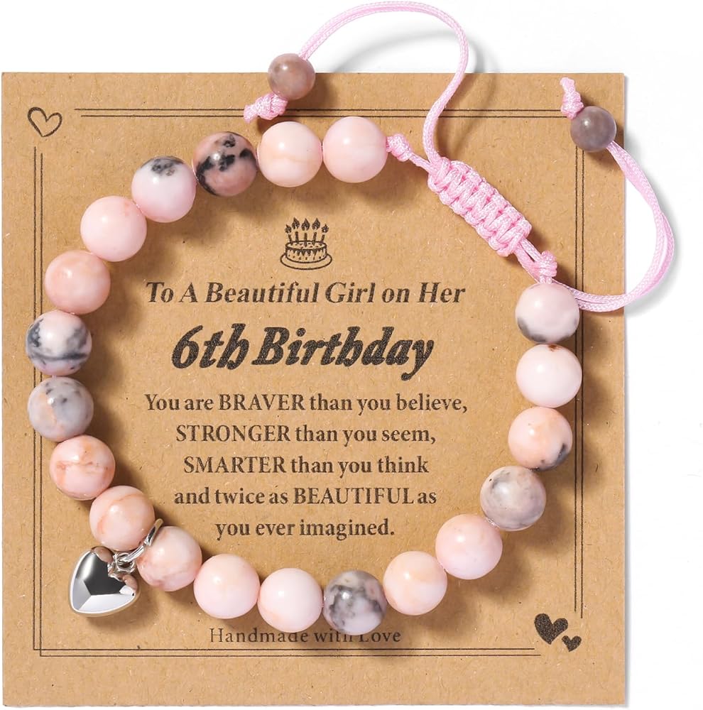 4-12years old Birthday Gifts for Girl Bracelet,Adjustable Pink Zebra Natural Stone Bracelet with Sweet Heart and Message Card for daughter, niece, granddaughter, or any special girl in your life