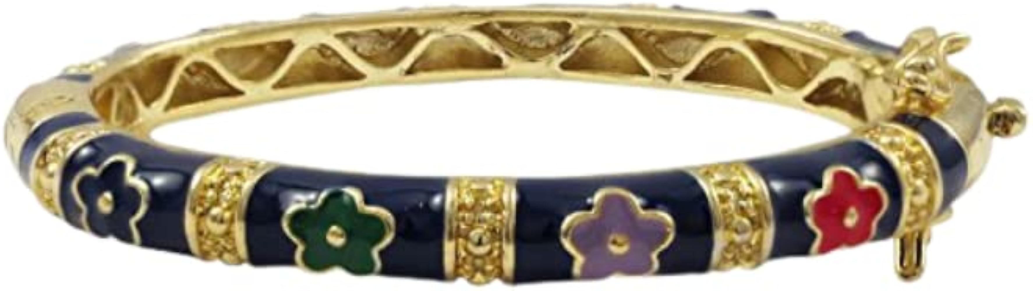 Gold Finish Navy Blue Enamel Multi Flowers Girls Bangle Bracelet