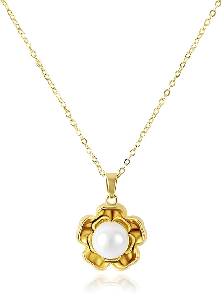 Gold Pearl Flower Pendant Necklace for Women Gold Five Petal Flower Charm Necklace Simple 14K Gold Plated Floral Statement Necklace Elegant Blossom Necklace Spring Summer Party Jewelry Gift for Girls