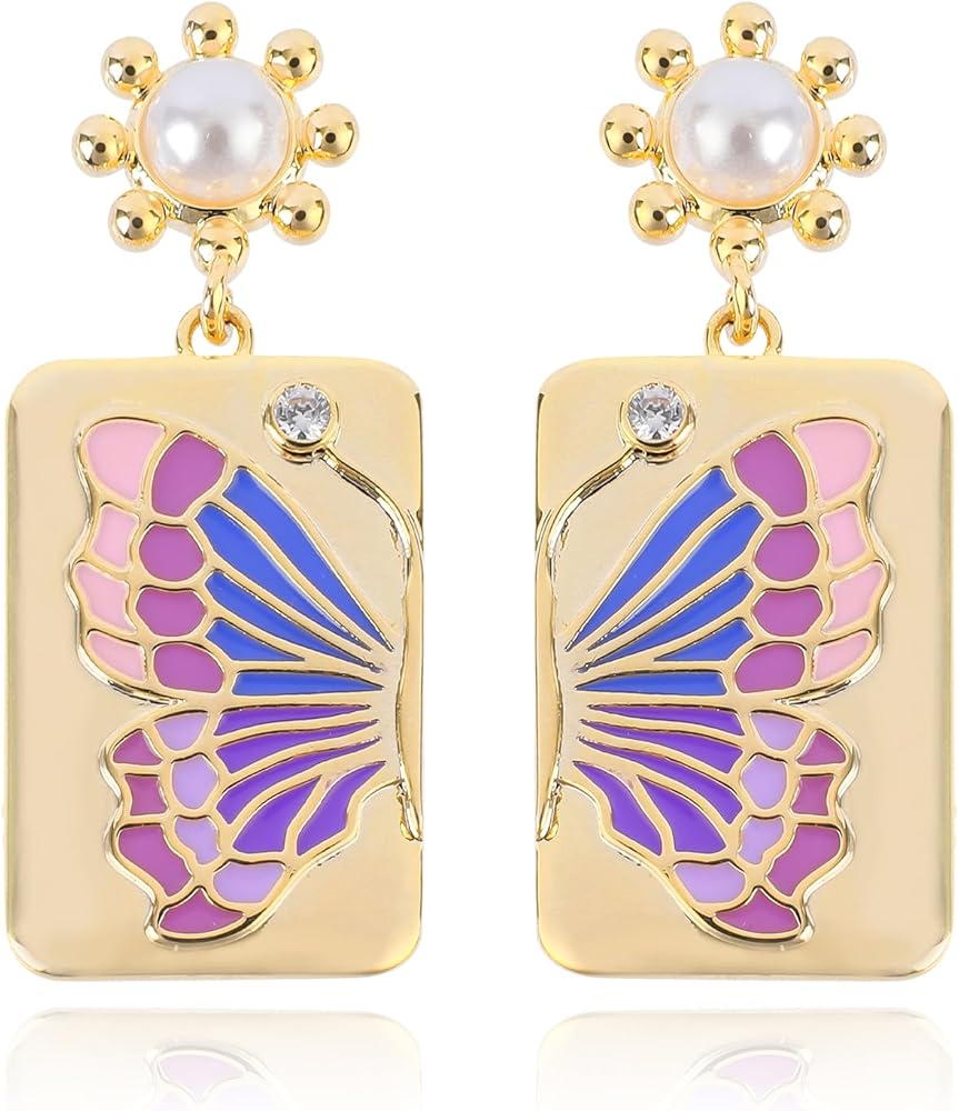 Gold Butterfly Earrings for Women 14K Gold Plated Dangle Rectangle Colorful Enamel Butterfly Earrings Pearl Elegant Drop Insect Fairy Butterfly Earrings Spring Summer Trendy Jewelry Gift for Girls