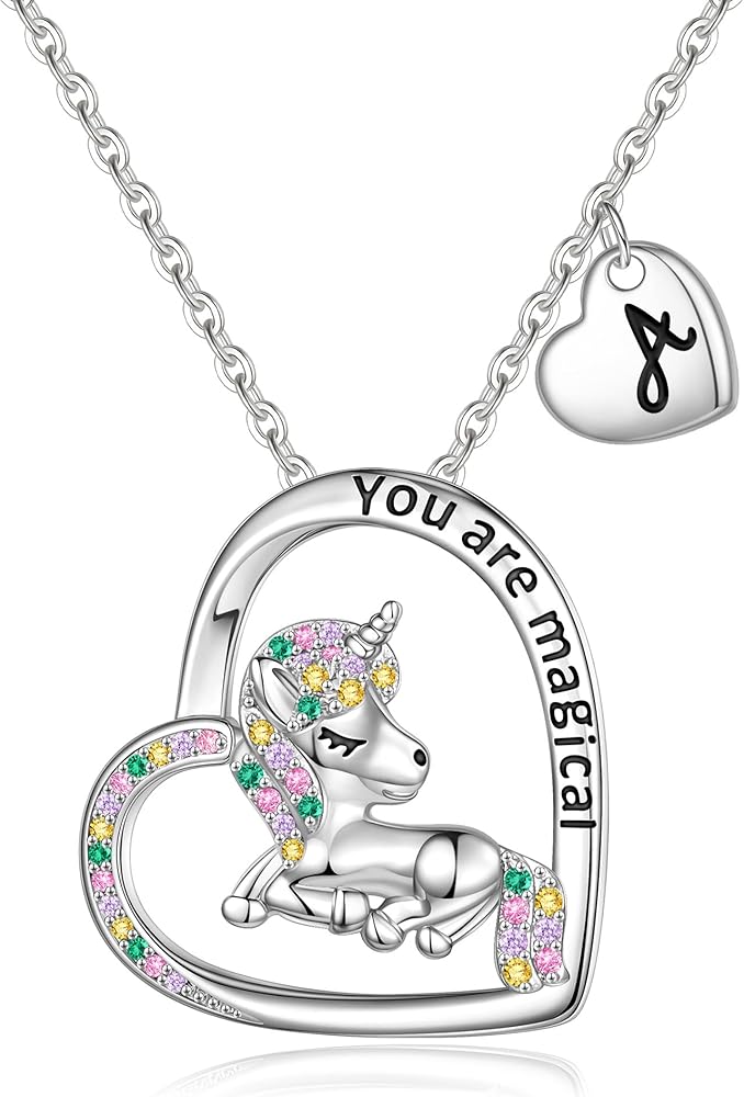 Unicorns Gifts for Girls Necklaces, White Gold Plated Colorful CZ Unicorn Necklace for Girls Heart Unicorn Necklace for Girls Letter Initial Necklaces for Girls Kids Unicorn Gifts for Girls Jewelry