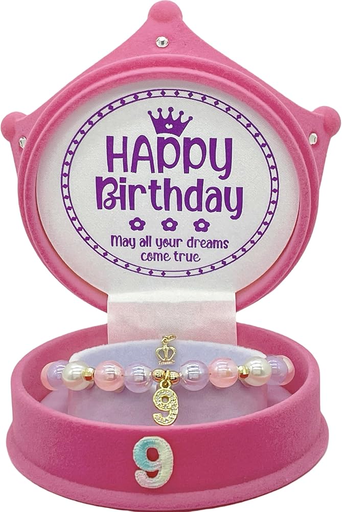 9th Birthday Girl, 9 Year Old Birthday Bracelet Pink, 9th Birthday Crown Box, 9th Birthday Decorations for Girls, 9th Birthday Jewelry, Happy 9th Birthday Charm Bracelet for Girls