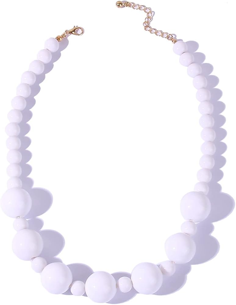 Chunky Beaded Choker Necklace for Women Teen Girls, Lightweight Adjustable Acrylic Beads Necklace, Alternating Large and Small Beads White Resin Choker Necklace, Acrylic Costume Jewelry for Women Girls