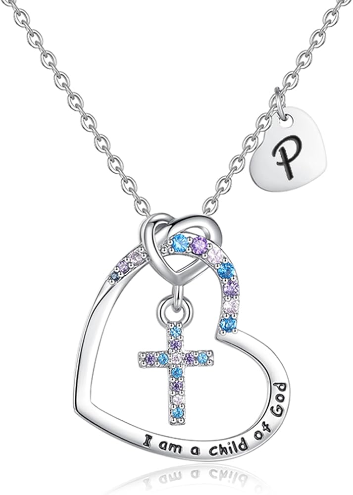 Cross Necklace for Girls | Heart Initial Necklace | Letter initial Necklace | Letter 18K White Gold Plated Pendant Jewelry First Communion Baptism Gifts Christmas Birthday Gifts for Girl Women