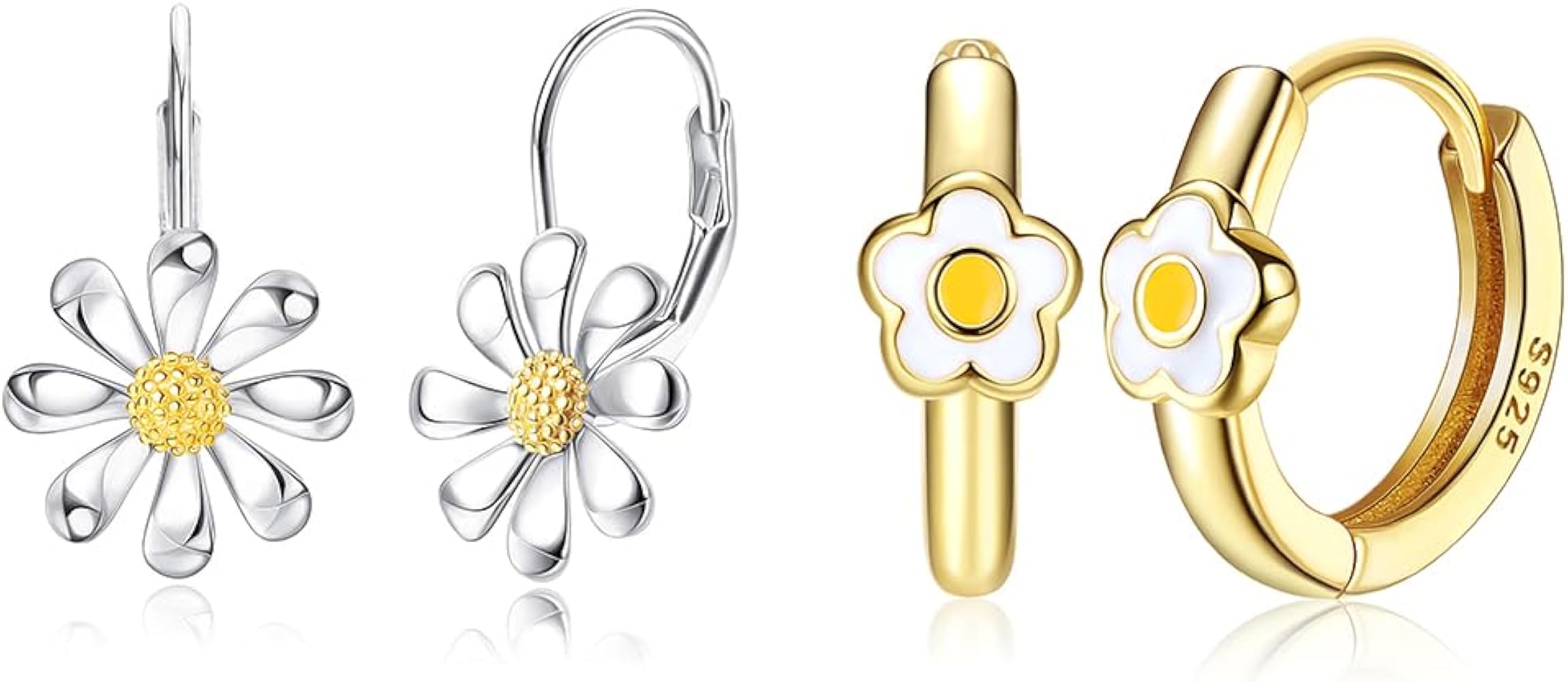 Milacolato Hoop Earrings for Girls 18K Gold Plated Sterling Silver Daisy Hoop Earrings Cute Small Cartilage Gold Earring Sterling Silver Leverback Earrings for Women Toddler Teens 2 Pairs