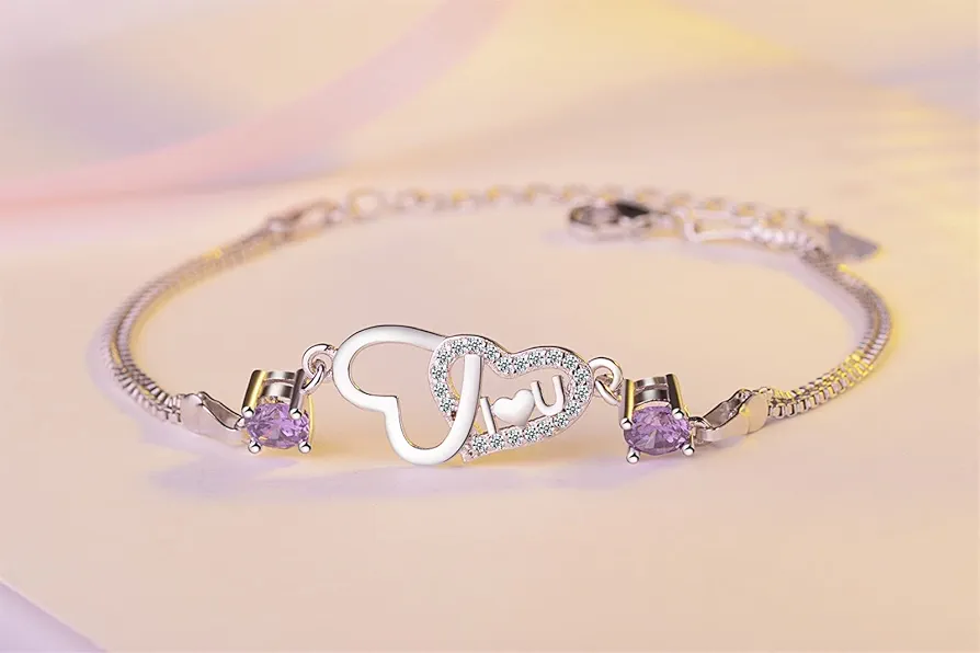 Charm Women 925 Silver Bracelets Fine Jewelry Crystal Purple Female Bracelets Accessories Girl Lady (Color : Purple)