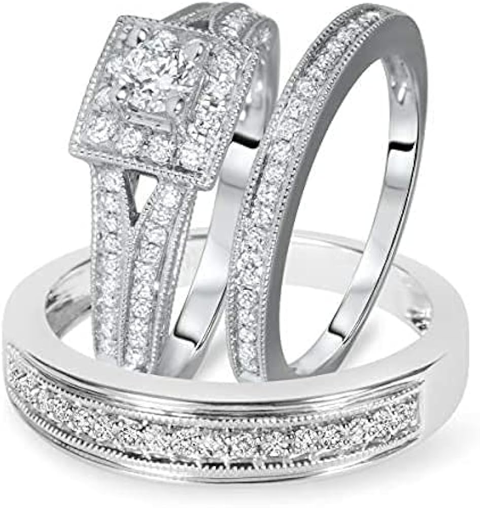 Round Cut D/VVS1 Diamond His & Her Trio Wedding Band Bridal Ring Set 14K White Gold Plated 925 Sterling Silver