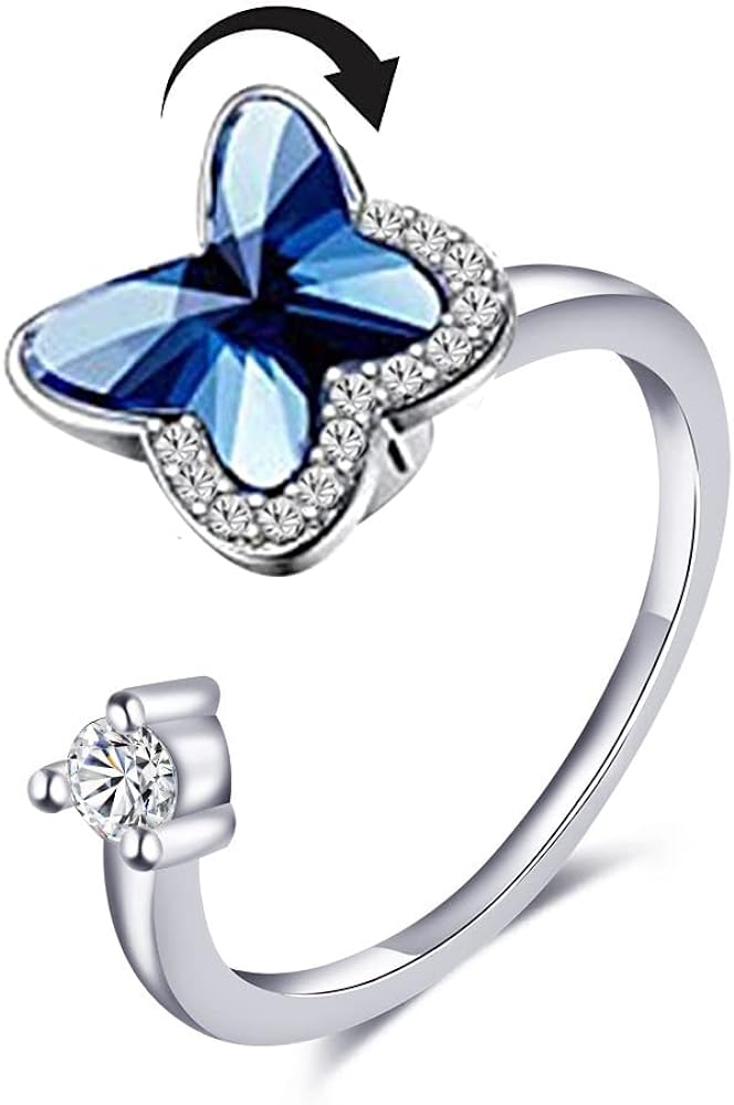 Blue Butterfly Spinner Fidget Statement Rings for Women Girls Cubic Zirconia Anxiety Rotate Freely Inspirations Jewelry Calming Worry Meditation Crochet Loop Expandable Adjustable Stacking Middle Finger Ring Girlfriend Daughter Dainty Birthday BFF