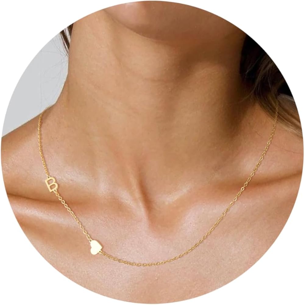 ACECHA Dainty Initial Necklaces for Women, 18k Gold Plated Sideways Letter Love Heart Necklace Tiny Cute Personalized A-Z Name Choker Necklaces for Teen Girls Jewelry Trendy Gift