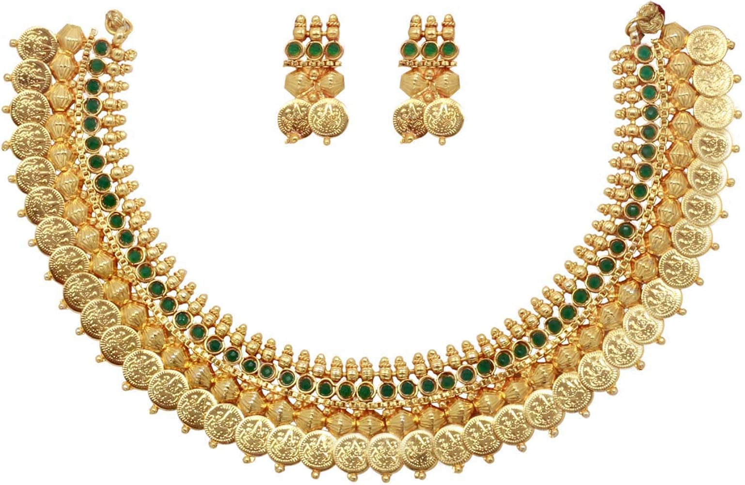 SANARA Indian Bollywood Jewelry Ethnic Gold Plated Traditional South Indian Coin Temple Choker Necklace Earring Set Women Bridal Choker Jewelry Multi Stone Jewelry