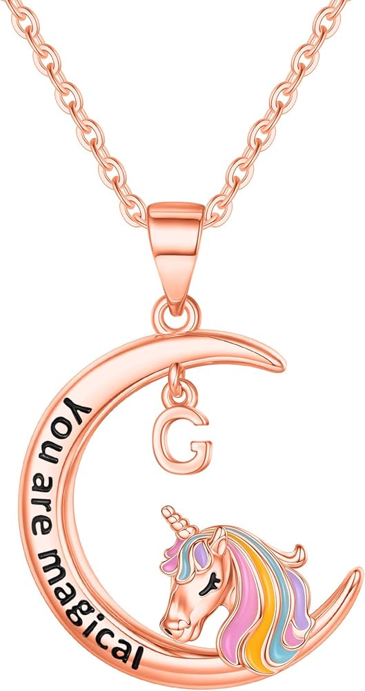 Unicorns Gifts for Girls Necklaces, 14K Gold/White Gold/Rose Gold Plated Moon Pendant Unicorn Necklace for Girls Letter Initial Unicorn Necklace for Girls Kids Toddler Unicorn Gifts for Girls