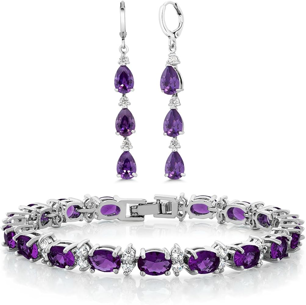 Gem Stone King 7 Inch Purple and White CZ Bracelet Set With Matching 2 Inch Pear shape Dangle Earrings