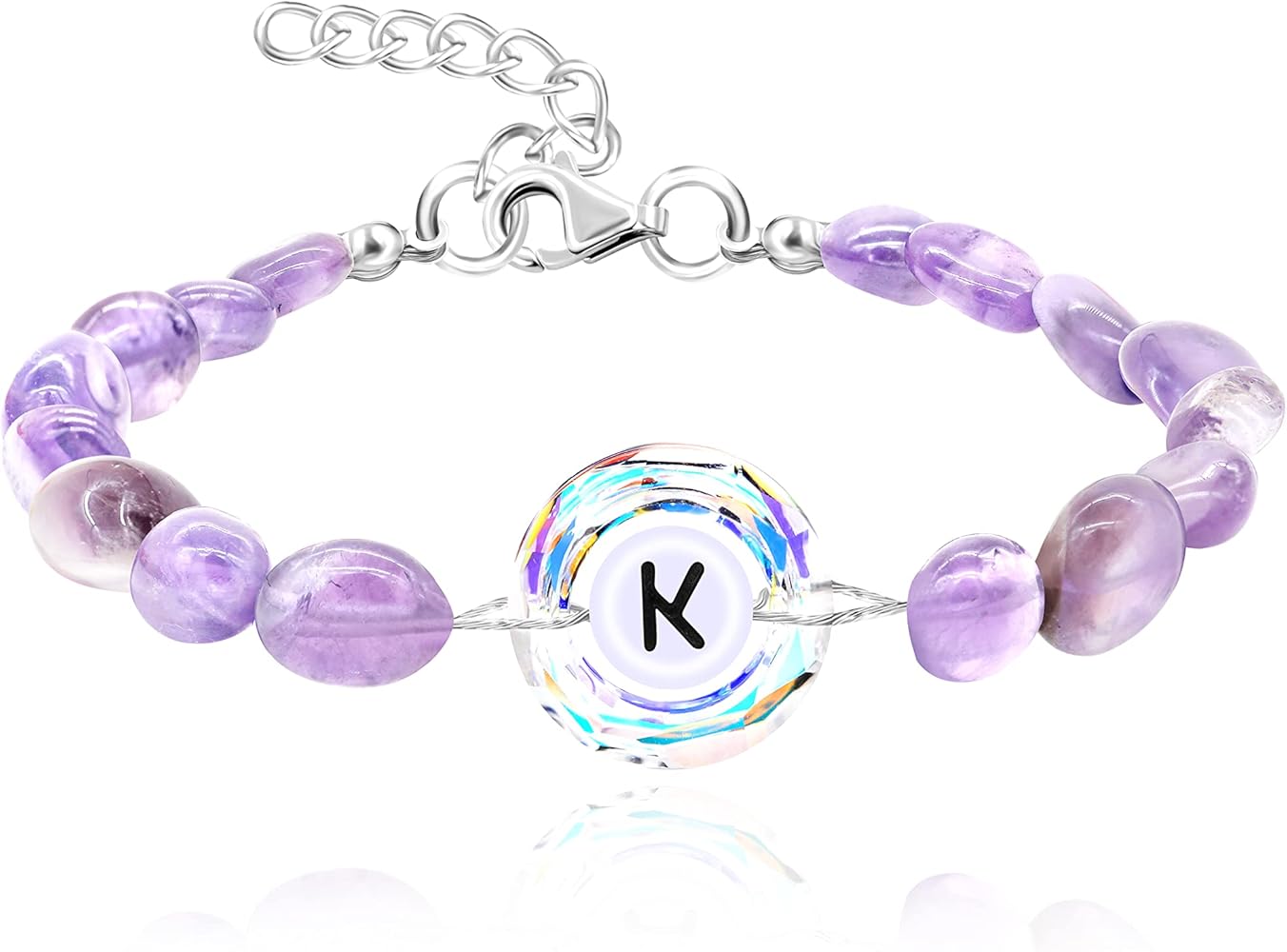 Uloveido Purple Natural Stone and Austrian Crystal Letter Bracelet, Personalized Initial Jewelry for Women A-Z 26 Letters