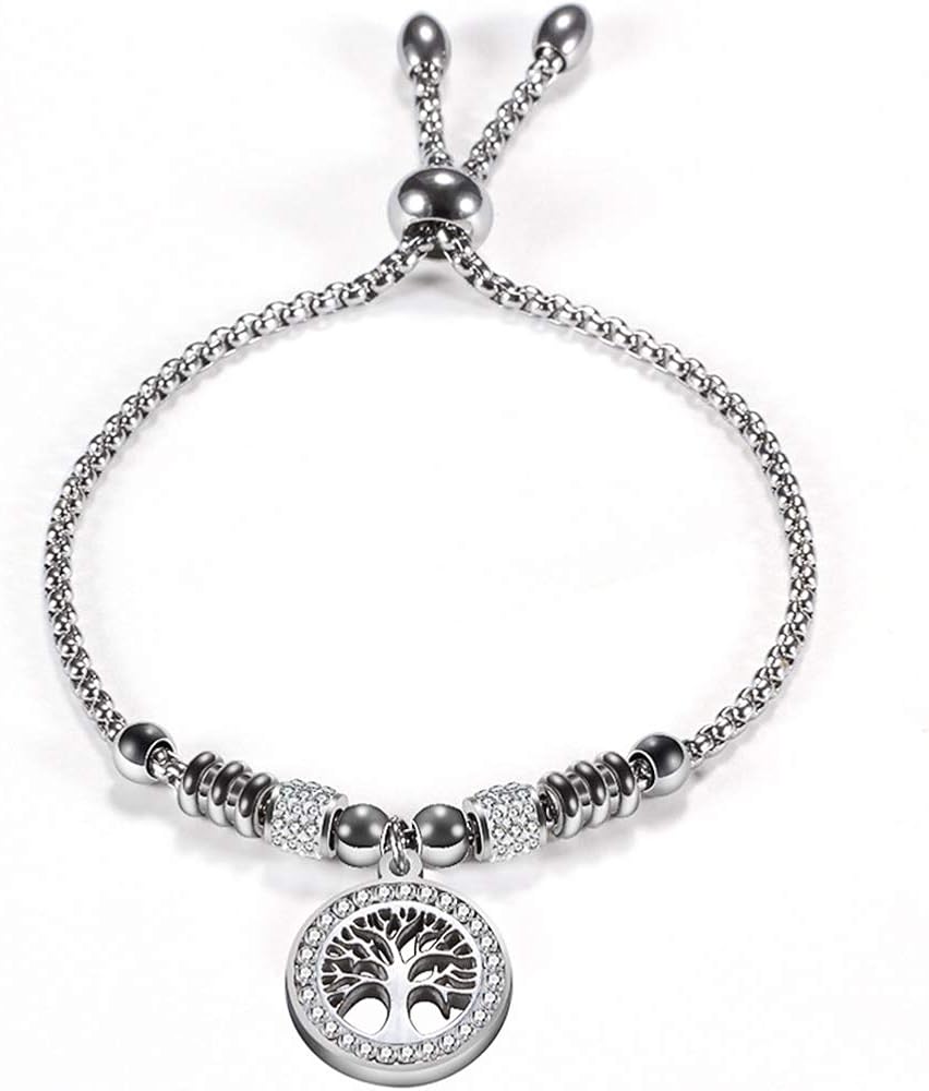 Jude Jewelers Stainless Steel Tree of Life Charm Ajustable Size Strand Bracelet