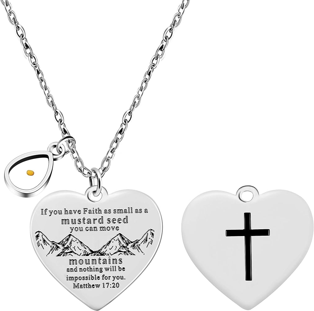 Uloveido Bible Verse Cross Heart Double Sided Necklace If You Have Faith as Small as Mustard Seed You Can Move Mountains Matthew 17:20