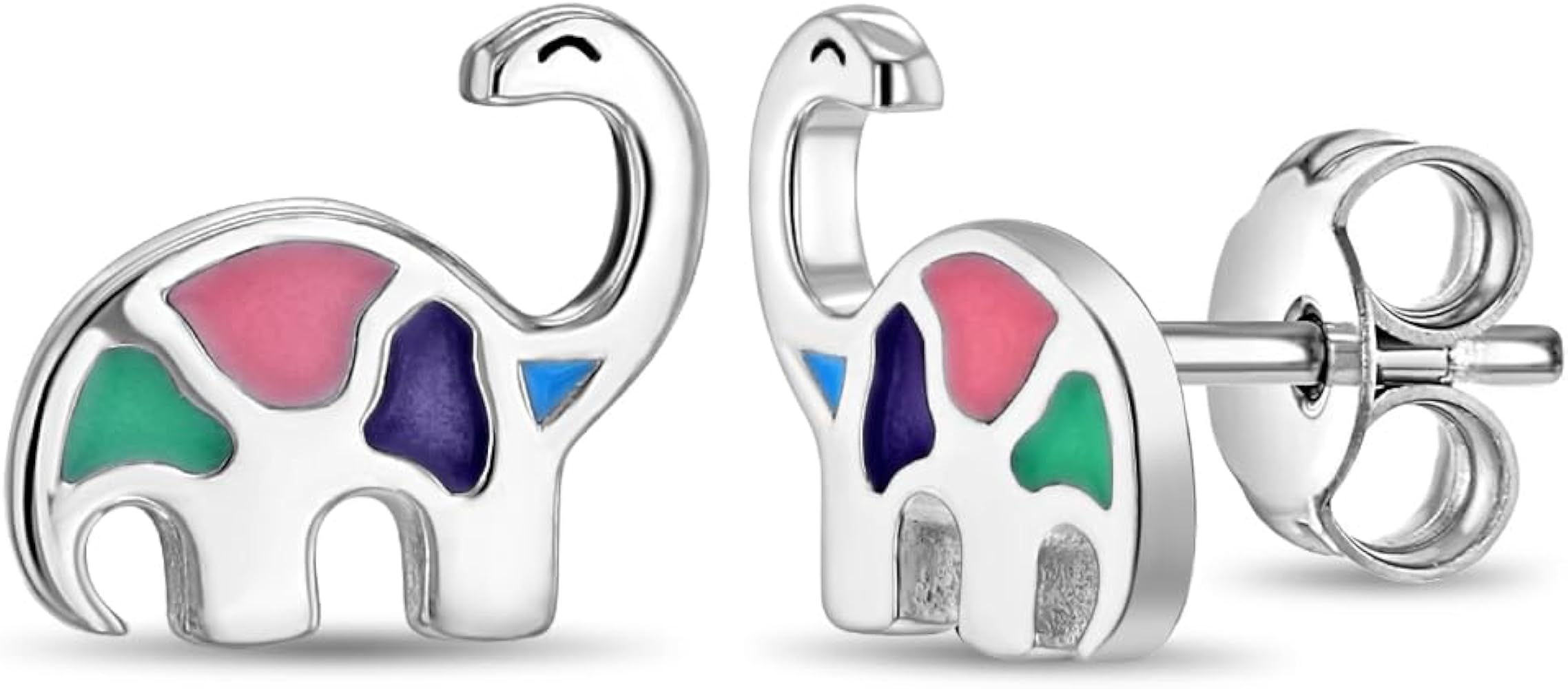 925 Sterling Silver Petite Multicolor Enamel Dinosaur Stud Earrings for Little Girls and Preteens 10mm - Dainty Dinosaur Earrings for Girls - Enamel Earrings for Little Girls Daily Wear