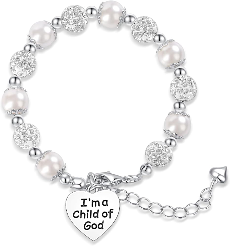 First Communion White Bead Charm Bracelet Handmade Jewelry Baptism or Christening Gift for Girls