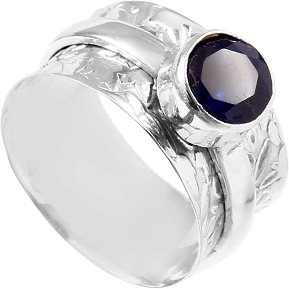 Quality Blue Sapphire Gemstone Fidget Spinning Spinner 925 Sterling Silver Ring Jewelry