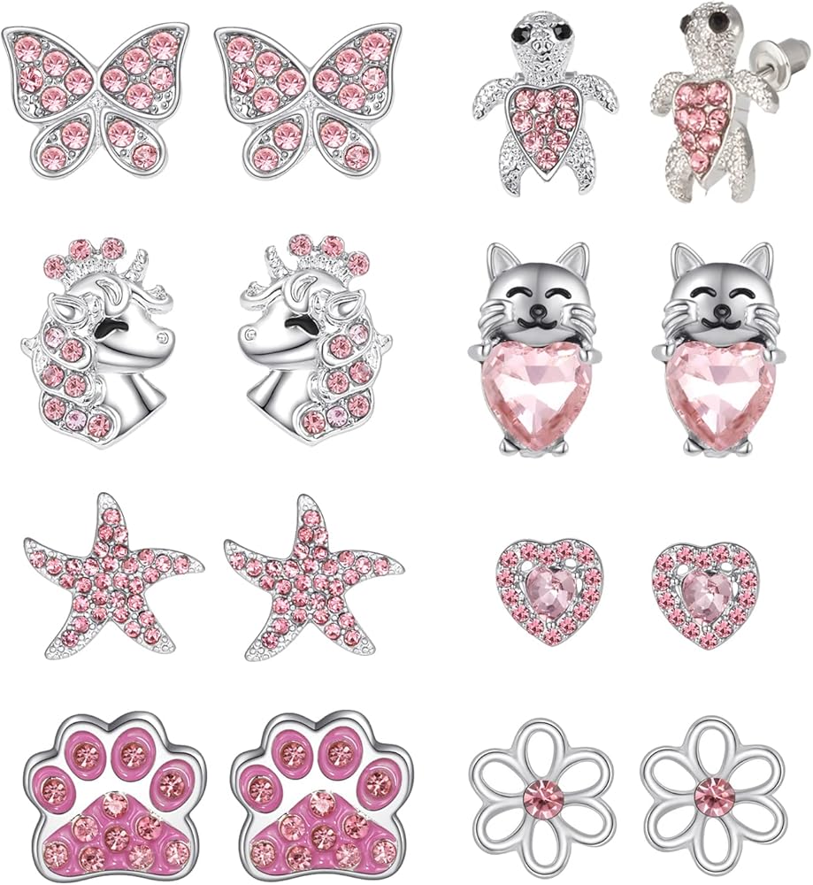 8 Pairs Clip on/Stud Earrings for Girls kids Hypoallergenic Cute Clip-on Earrings for Childrens Toddler Teen Unicorn Butterfly Turtle CZ Clip Stud Earrings Pink Jewelry Gift 3 Years Old+