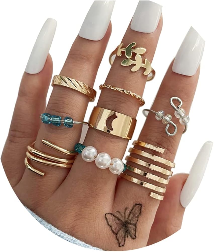 Adjustable Pearl Heart Gold Knuckle Rings Set,Bohemia Colored Love Bead Rings Set for Women,Spring Rings Moon Rings Leaves Rings Pearl Round Geometric Rings Set for Teen Girls Fashion Jewelry Gifts